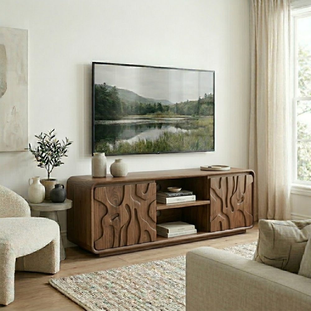 Solid Wood Media Console with Carved Doors, Modern TV Stand with Open Storage