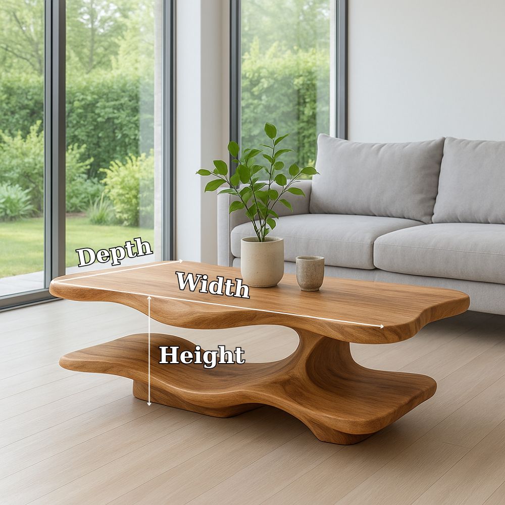 Solid Wood Coffee Table with Sculptural Curved Base and Organic Shape for Living Room