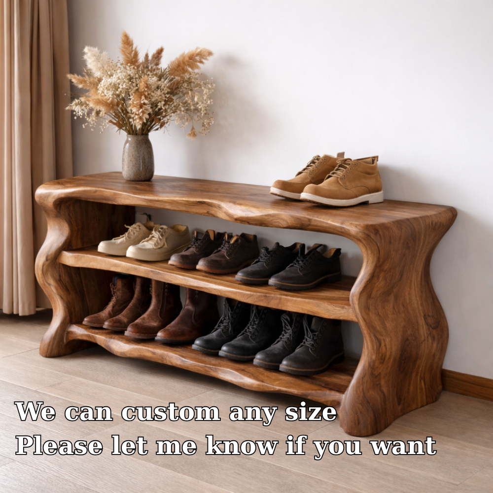 Solid Wood Entryway Bench with Shoe Storage – Rustic Live Edge Shoe Rack Bench