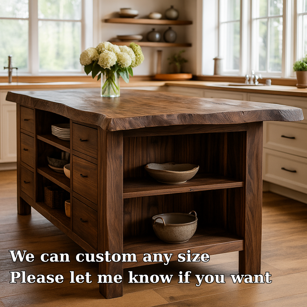 Rustic Solid Wood Kitchen Island with Live Edge Top, Storage Drawers & Open Shelving