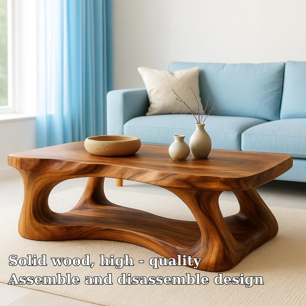 Solid Wood Coffee Table Modern Sculptural Base Natural Live Edge Design