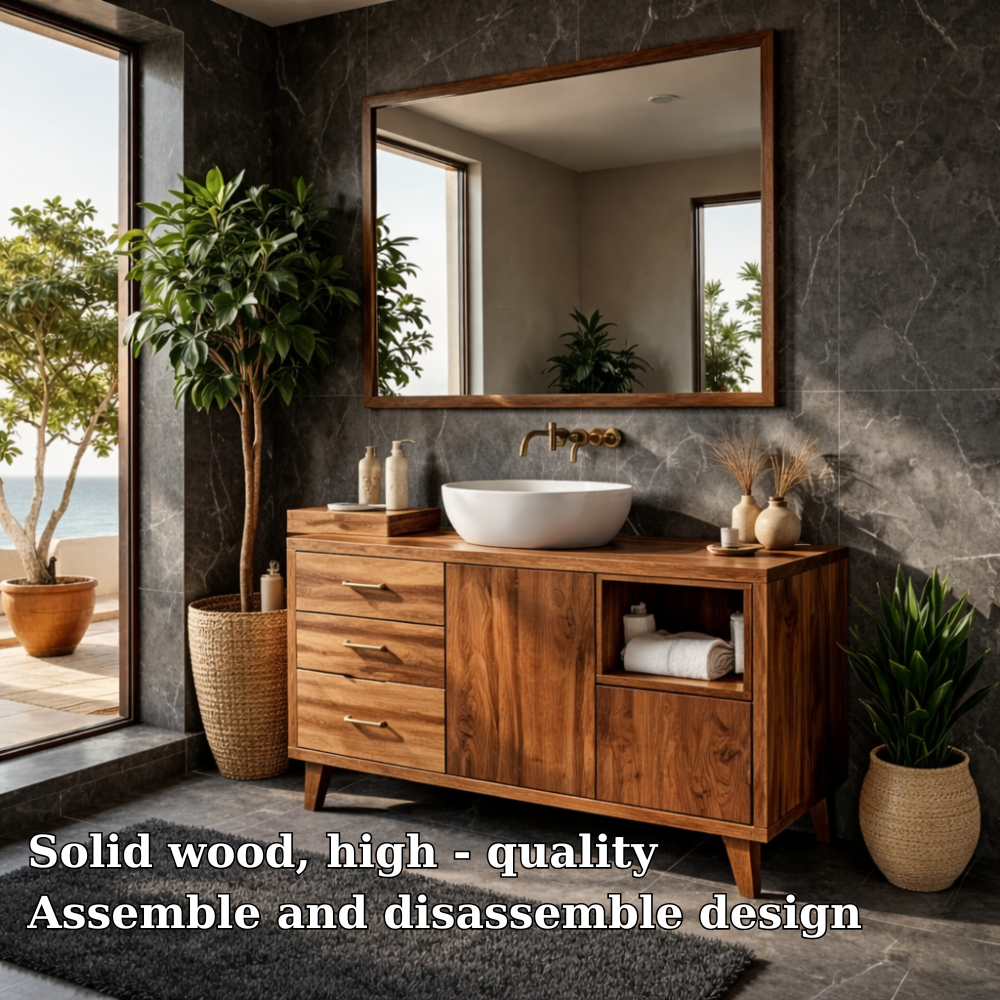 Solid Wood Bathroom Vanity with Drawers & Open Shelf β Modern Walnut Vanity Cabinet