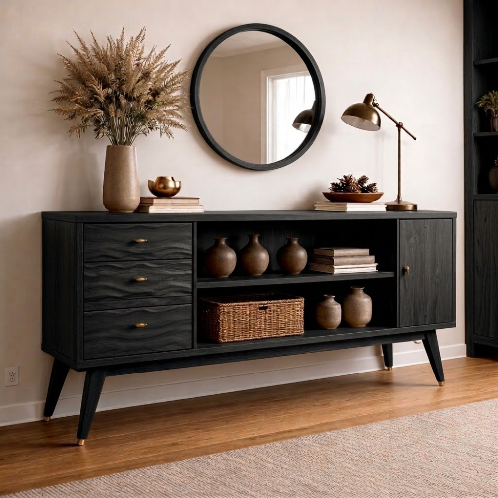 Mid-Century Modern Walnut Console Cabinet | Storage with Elegant Wave Design
