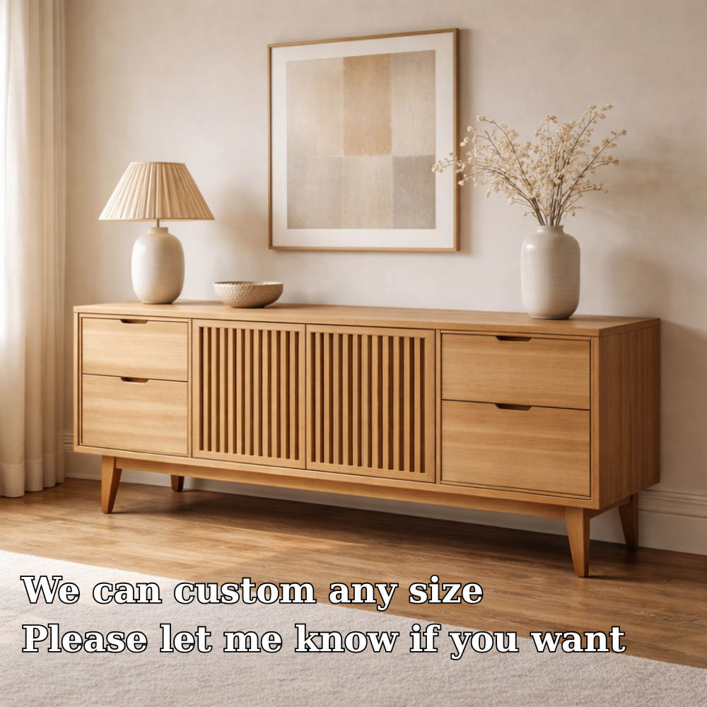 Solid Wood Console Cabinet with Slatted Doors and Drawer Storage