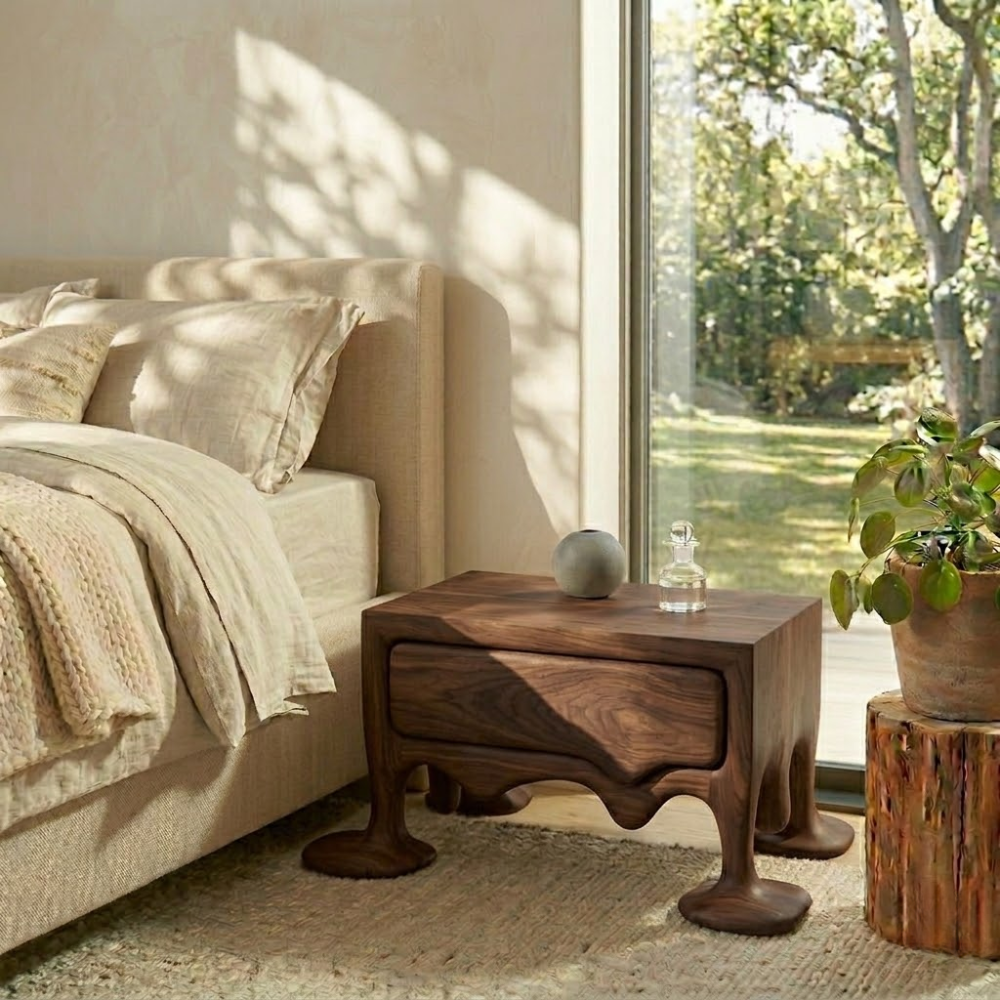 Solid Wood Nightstand with Drawer – Sculptural Organic Bedside Table