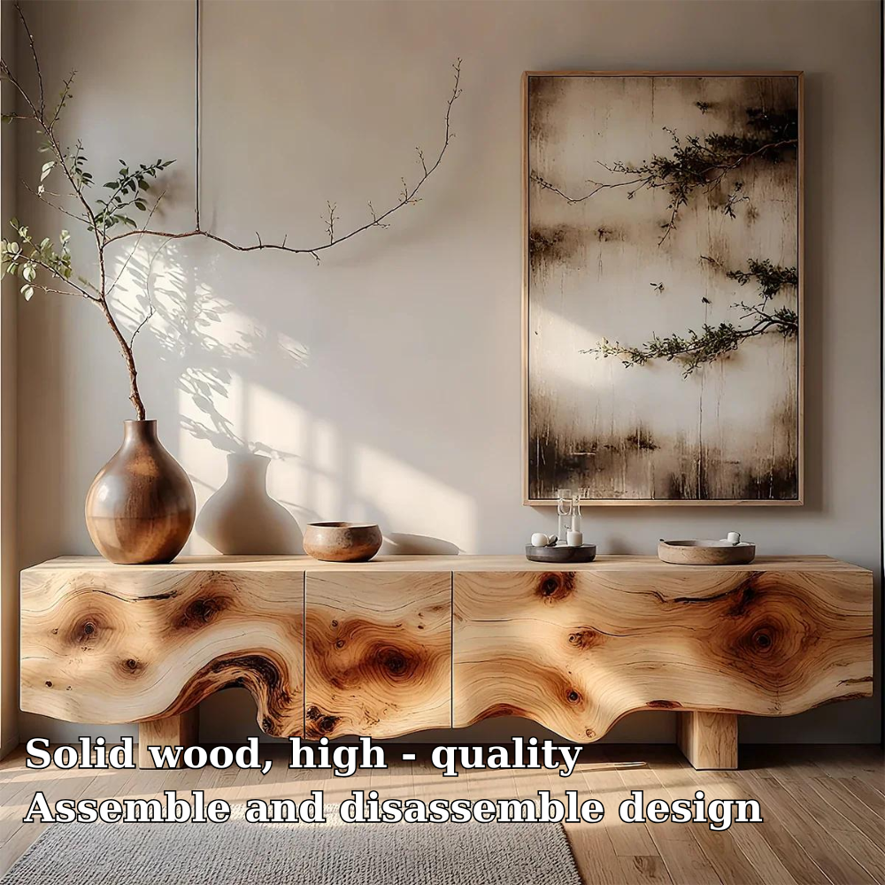 Solid Wood Media Console with Live Edge, Modern Rustic TV Stand Cabinet with Storage