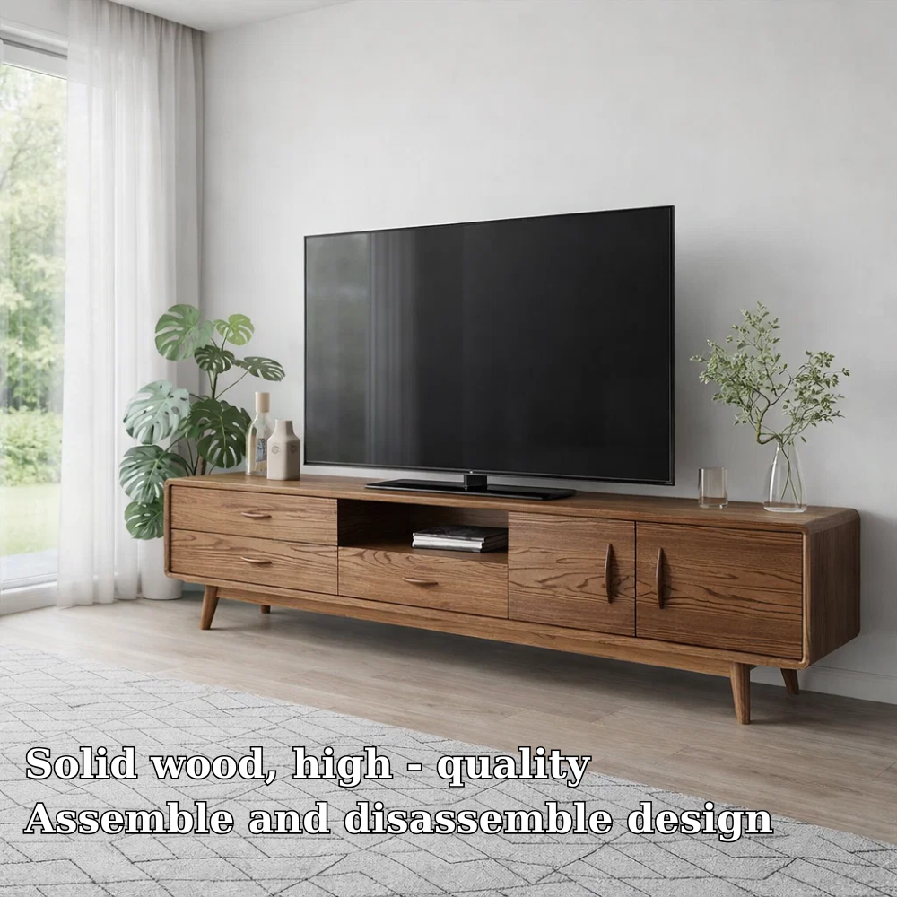 Solid Wood TV Console with Drawers & Cabinets – Modern Mid Century Stand
