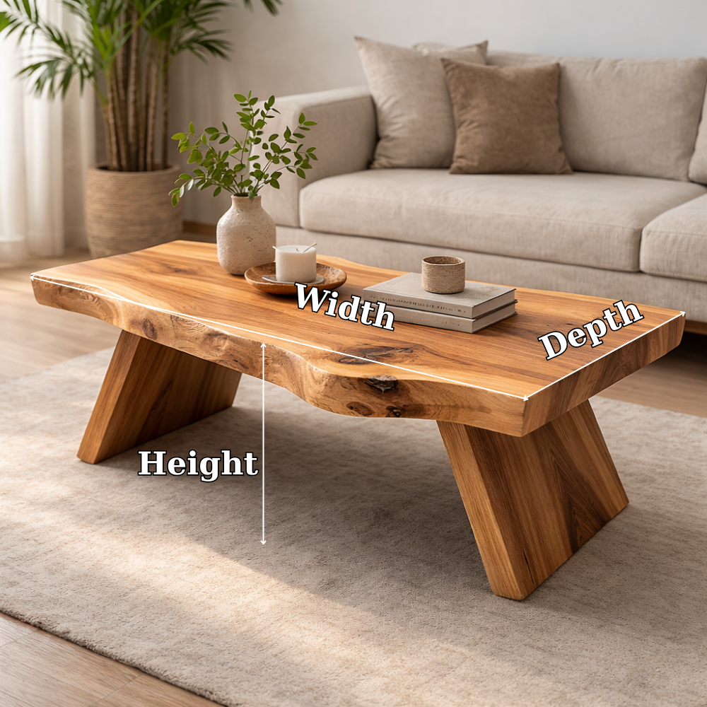 Live Edge Solid Wood Coffee Table with Thick Slab Top – Rustic Modern Living Room Table