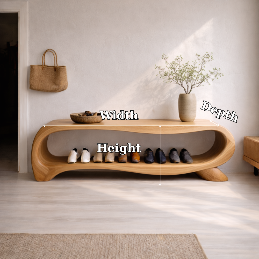 Modern Solid Wood Entryway Bench with Shoe Storage Shelf – Curved Wooden Shoe Rack Bench