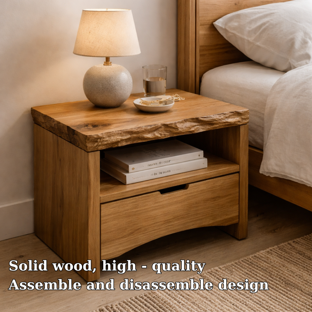 Solid Wood Live Edge End Table with Drawer and Shelf – Rustic Bedside Nightstand