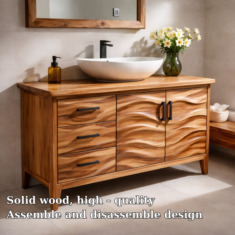Solid Wood Bathroom Vanity with Wave Design & Drawers β Modern Rustic Base