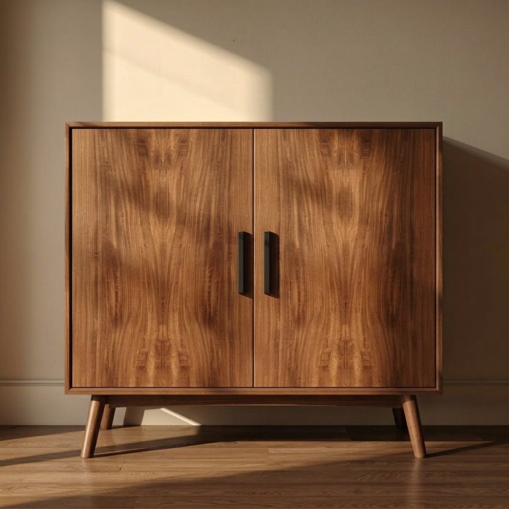 Sleek Walnut Console Cabinet | Mid-Century Modern Design with Black Handles