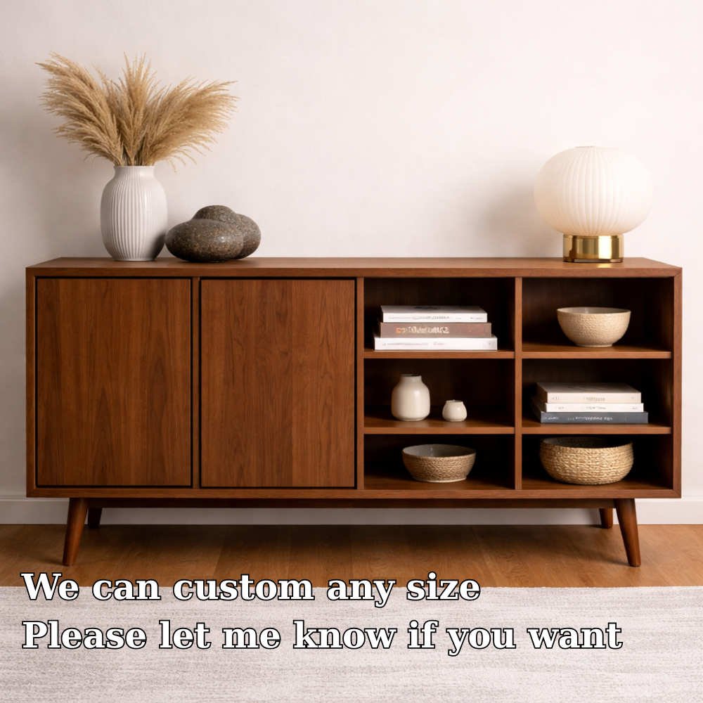 Modern Walnut Console Cabinet with Doors and Open Display Shelving