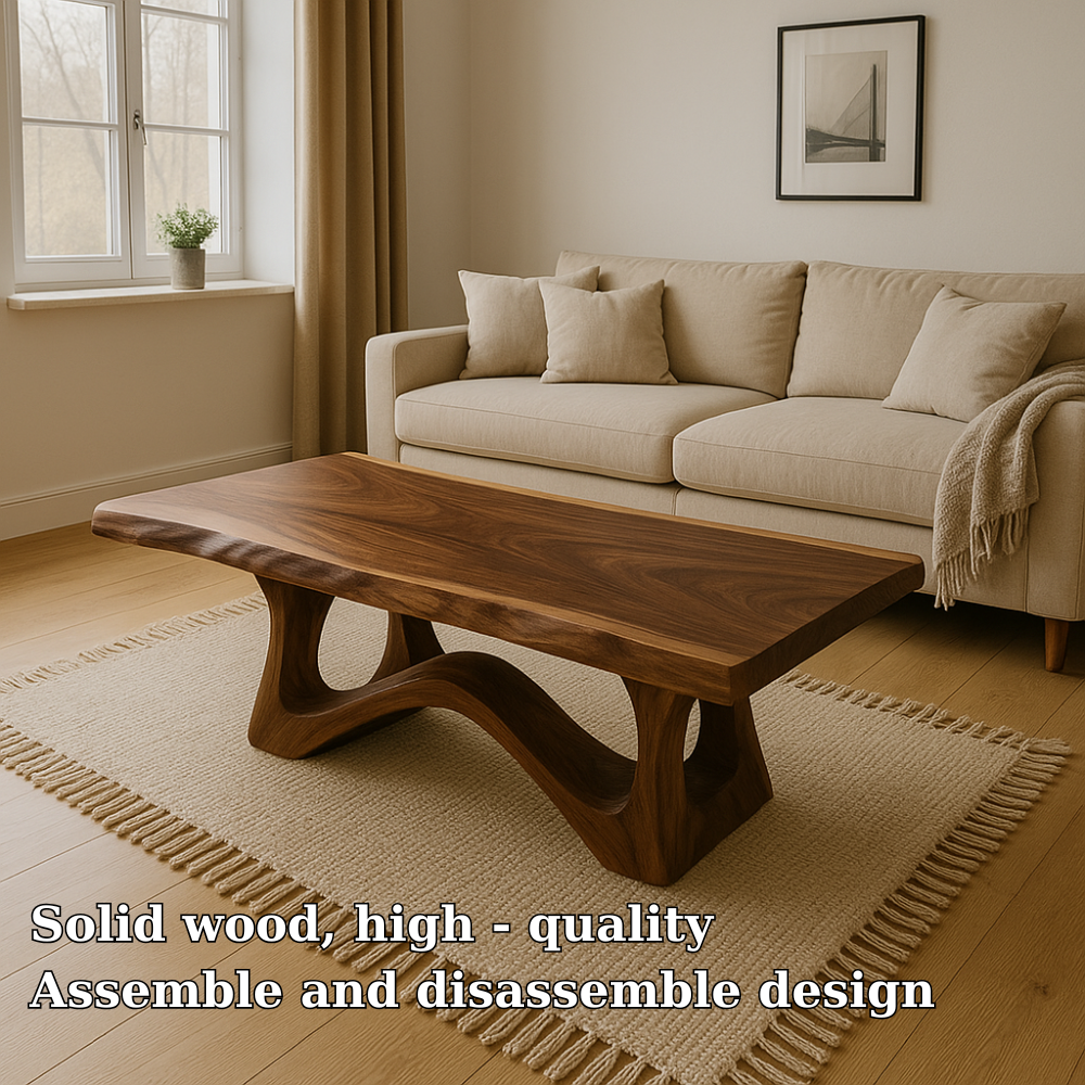 Modern Wooden Coffee Table with Curved Base – Solid Wood Living Room Center Table
