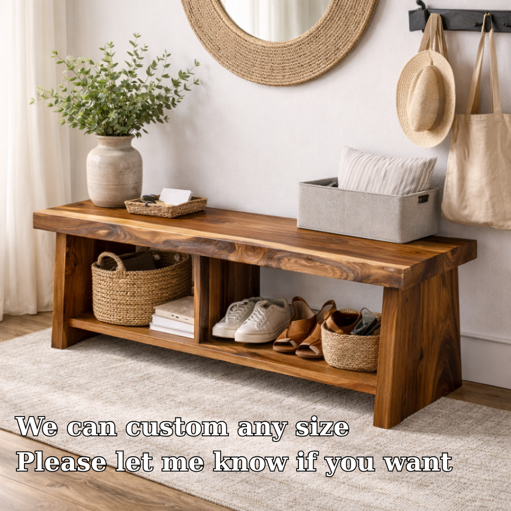 Solid Wood Entryway Bench with Storage | Rustic Hallway Bench with Open Shelves