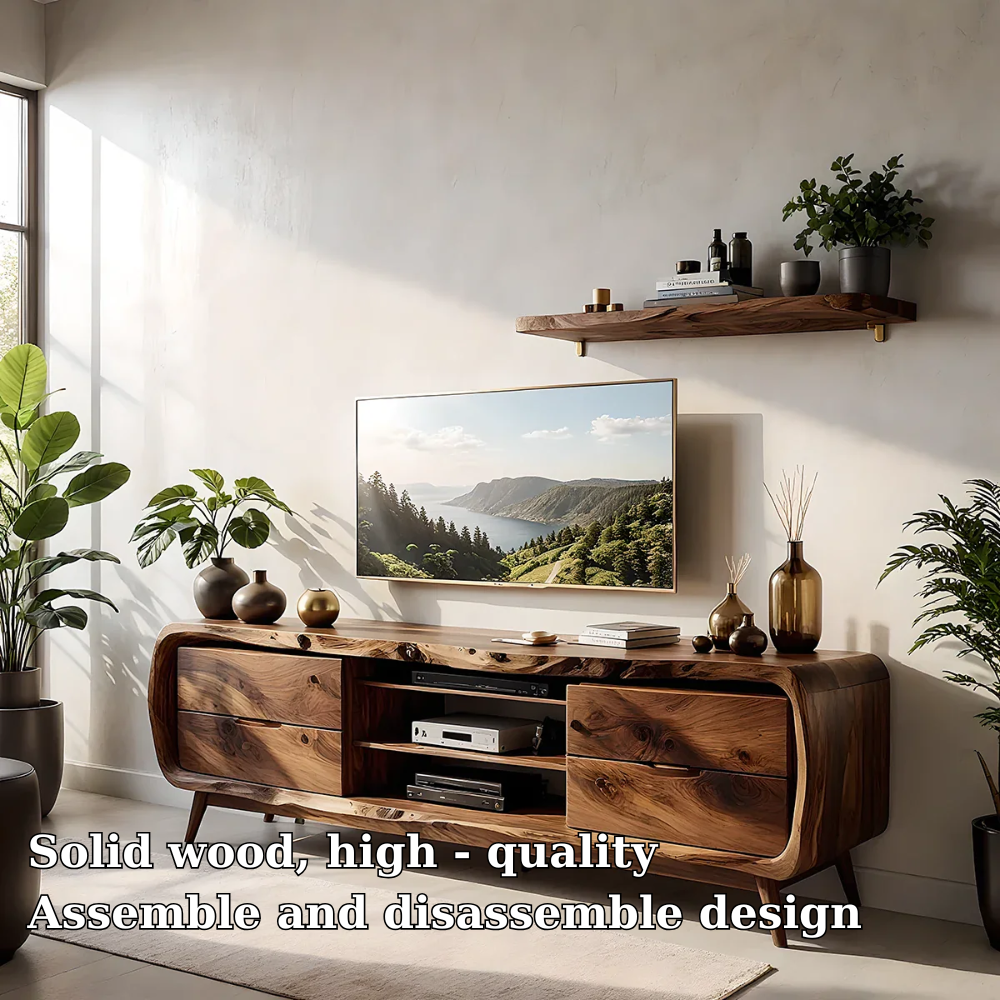 Solid Wood TV Stand Modern Walnut Media Console with Mid Century Design