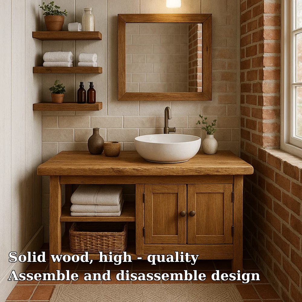Rustic Solid Wood Bathroom Vanity with Cabinet and Open Shelf Farmhouse Vanity