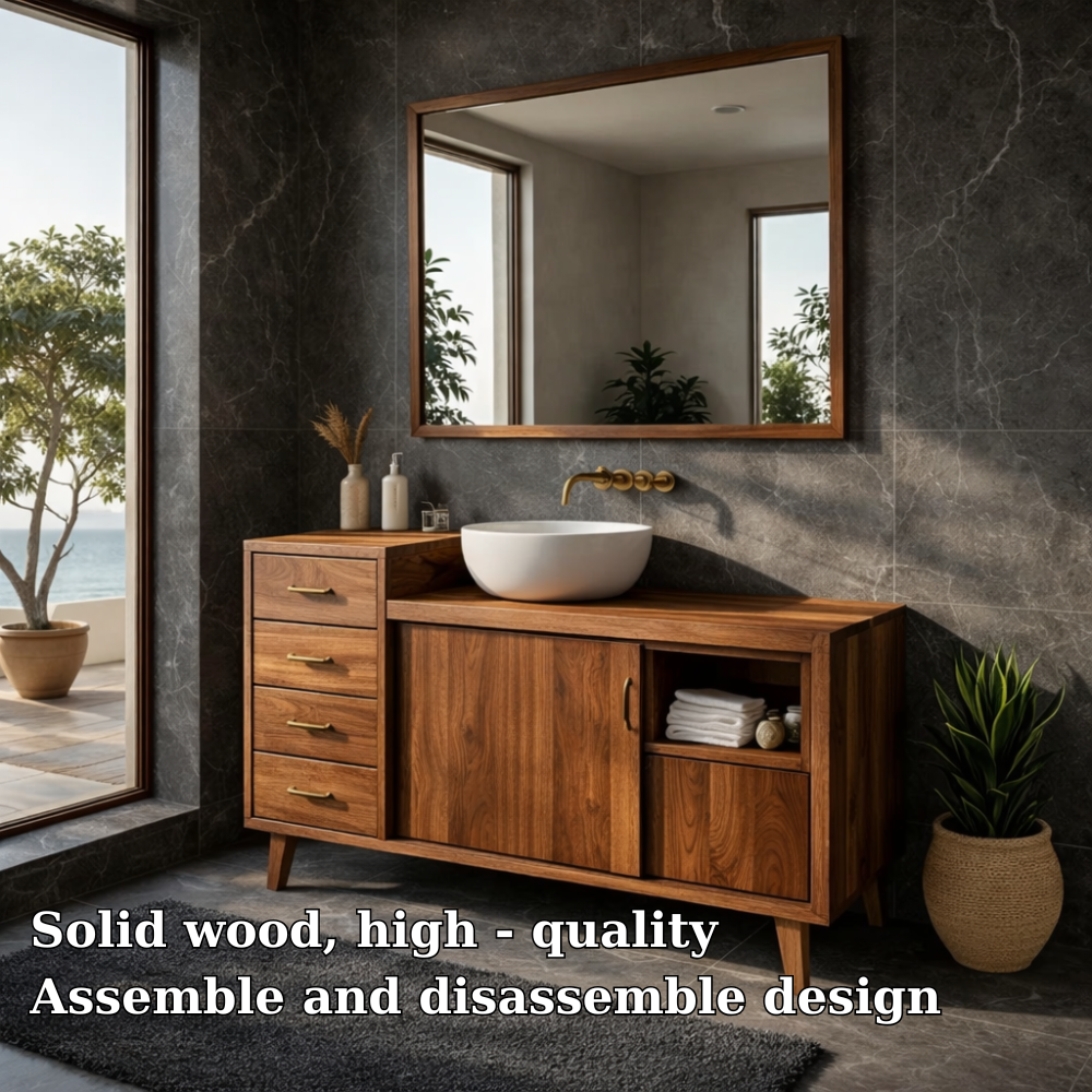 Solid Wood Bathroom Vanity with Drawers & Cabinet Storage β Mid Century Walnut Vanity