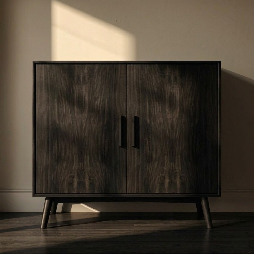 Sleek Walnut Console Cabinet | Mid-Century Modern Design with Black Handles