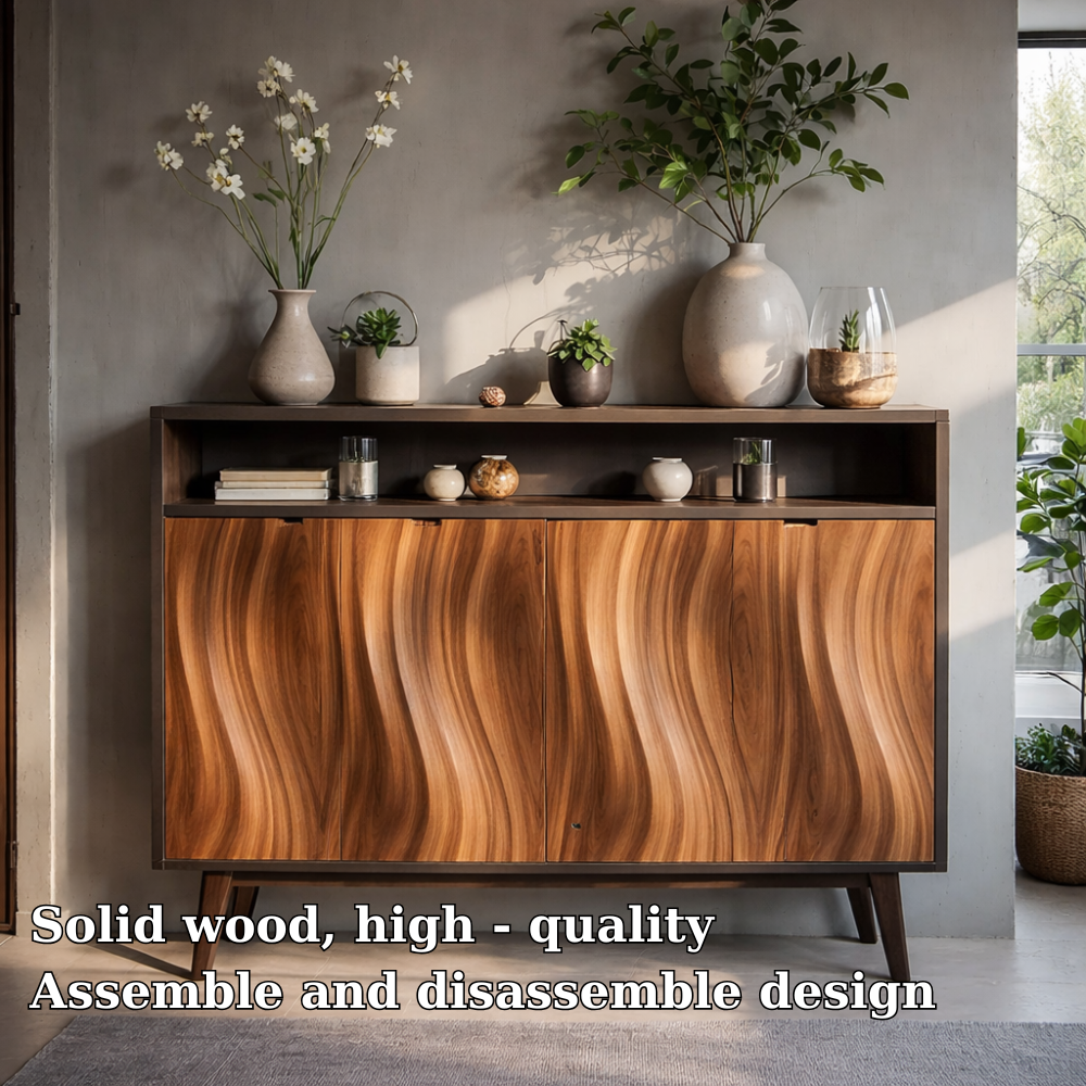 Modern Solid Wood Console Cabinet with Open Shelf and Sculpted Wood Doors