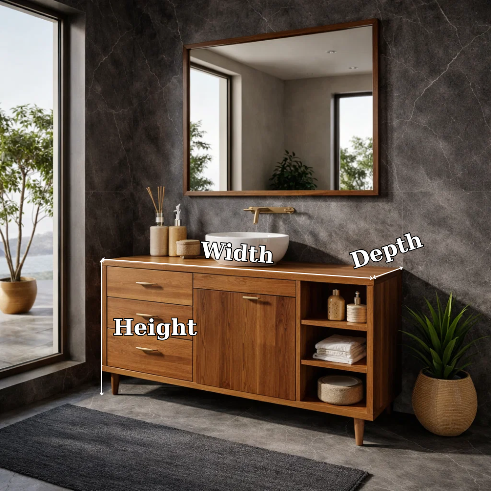 Solid Wood Bathroom Vanity with Drawers, Cabinet & Open Shelf β Mid Century Walnut Vanity