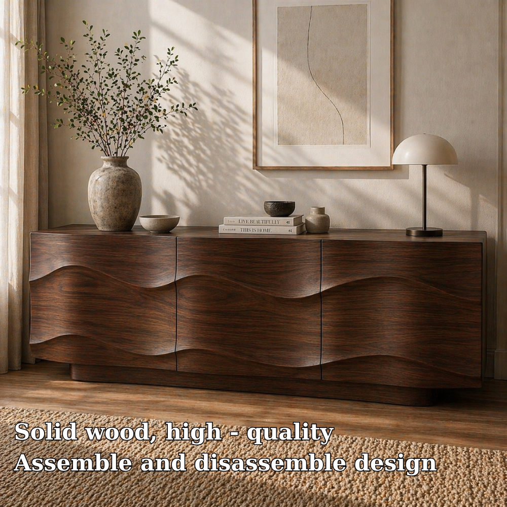 Modern Solid Wood Sideboard Cabinet with Wave Design Doors – Minimalist Storage