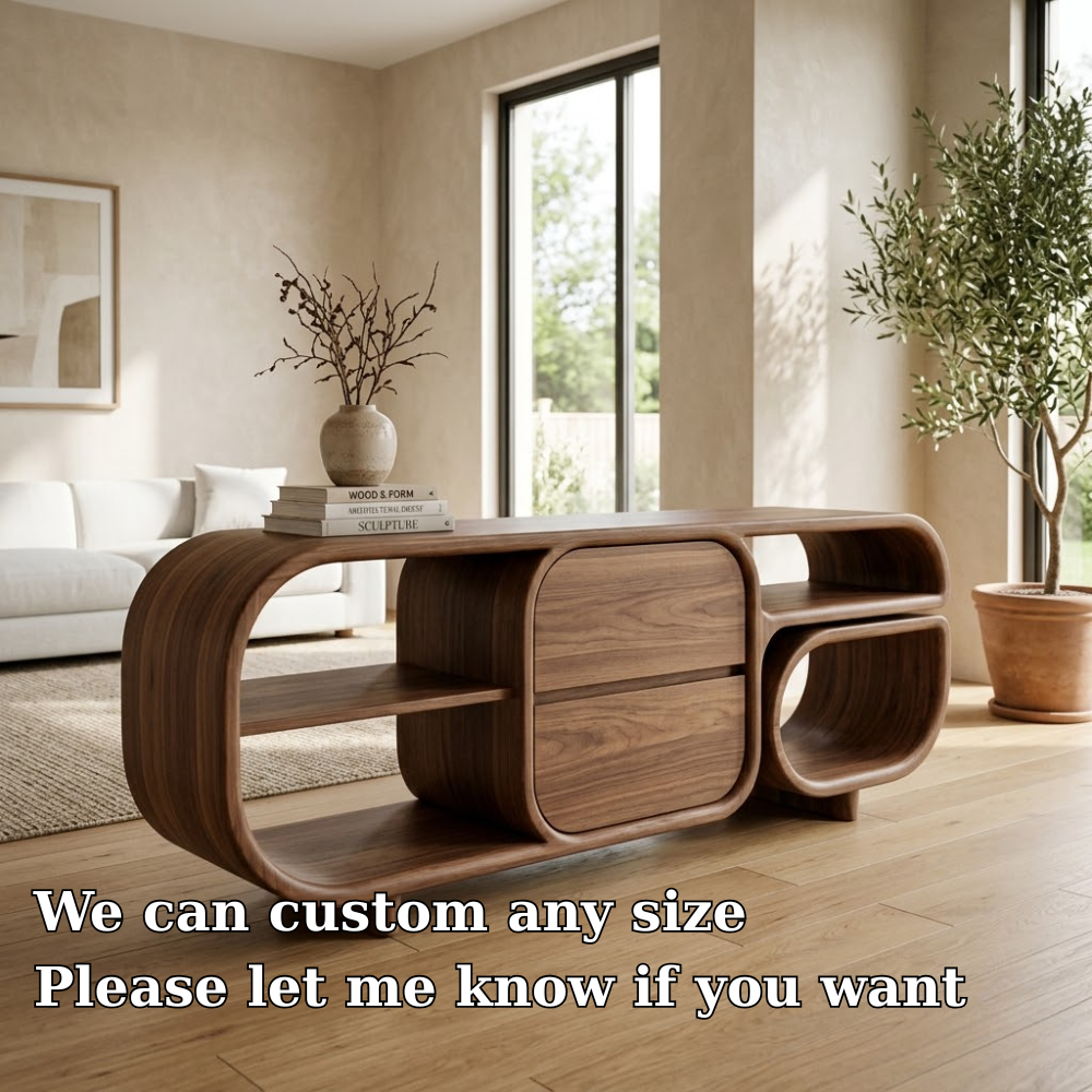 Mid-Century Modern Walnut Console Table - Curved Wood TV Stand with Open Shelving