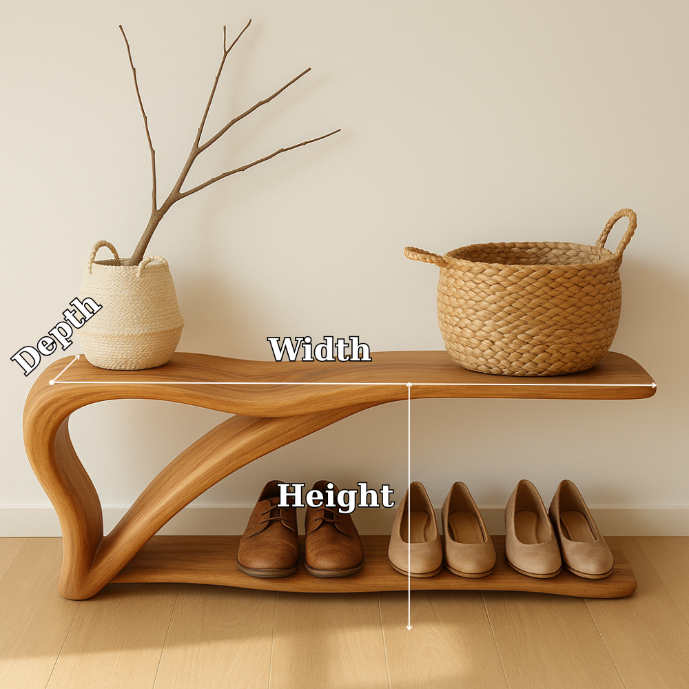 Sculptural Wooden Shoe Storage Bench – Solid Wood Entryway Bench with Shelf