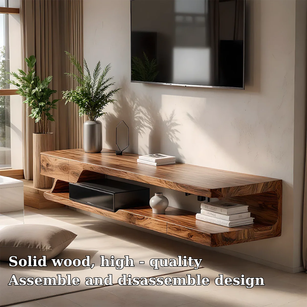 Solid Wood Floating TV Stand Modern Wall Mounted Media Console Shelf