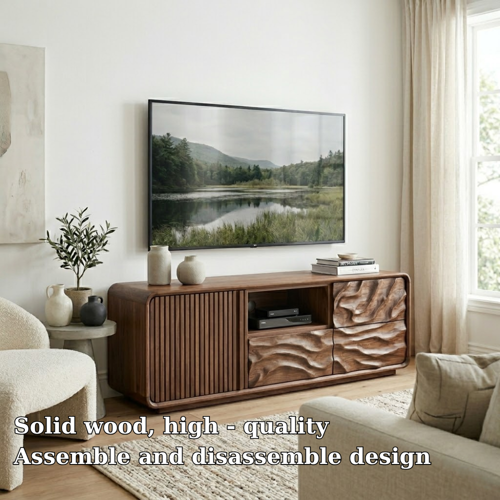 Solid Wood Media Console with Fluted & Carved Doors, Modern TV Stand with Storage