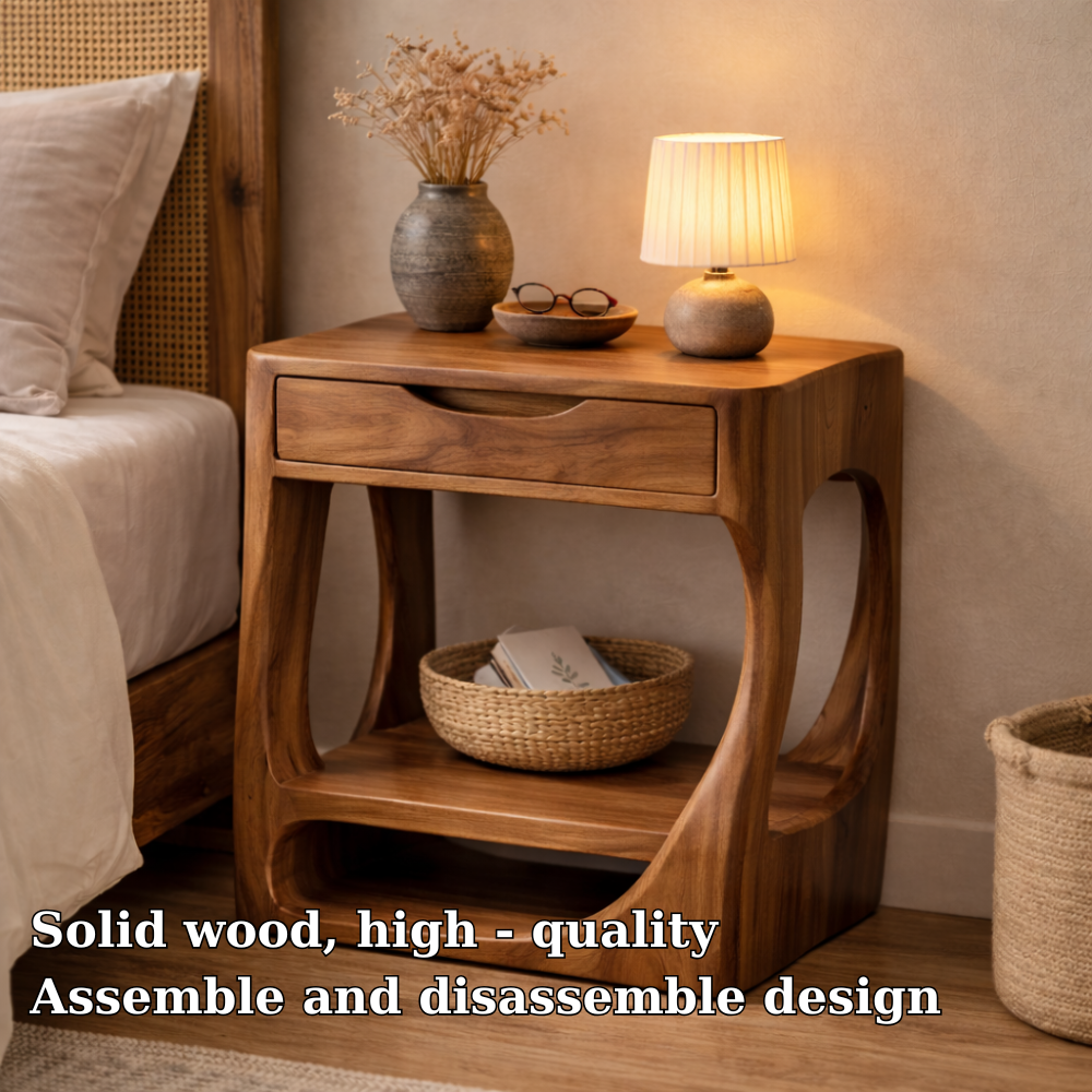 Solid Wood Nightstand with Open Shelf and Drawer – Modern Curved Bedside Table