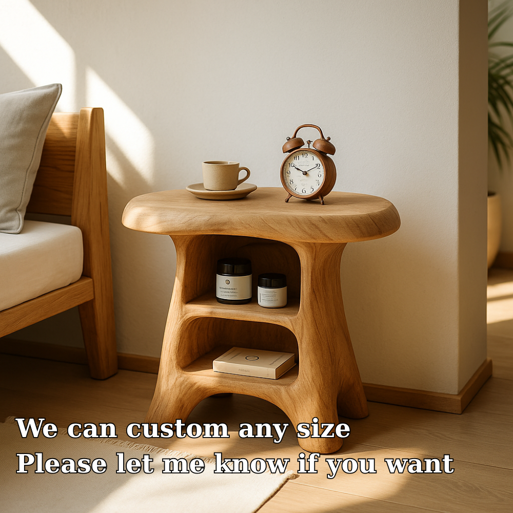 Modern Wood Nightstand with Curved Base and Shelves for Bedroom Storage