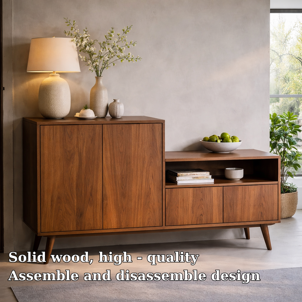 Solid Wood Console Cabinet with Open Shelf and Storage Doors – Modern Sideboard