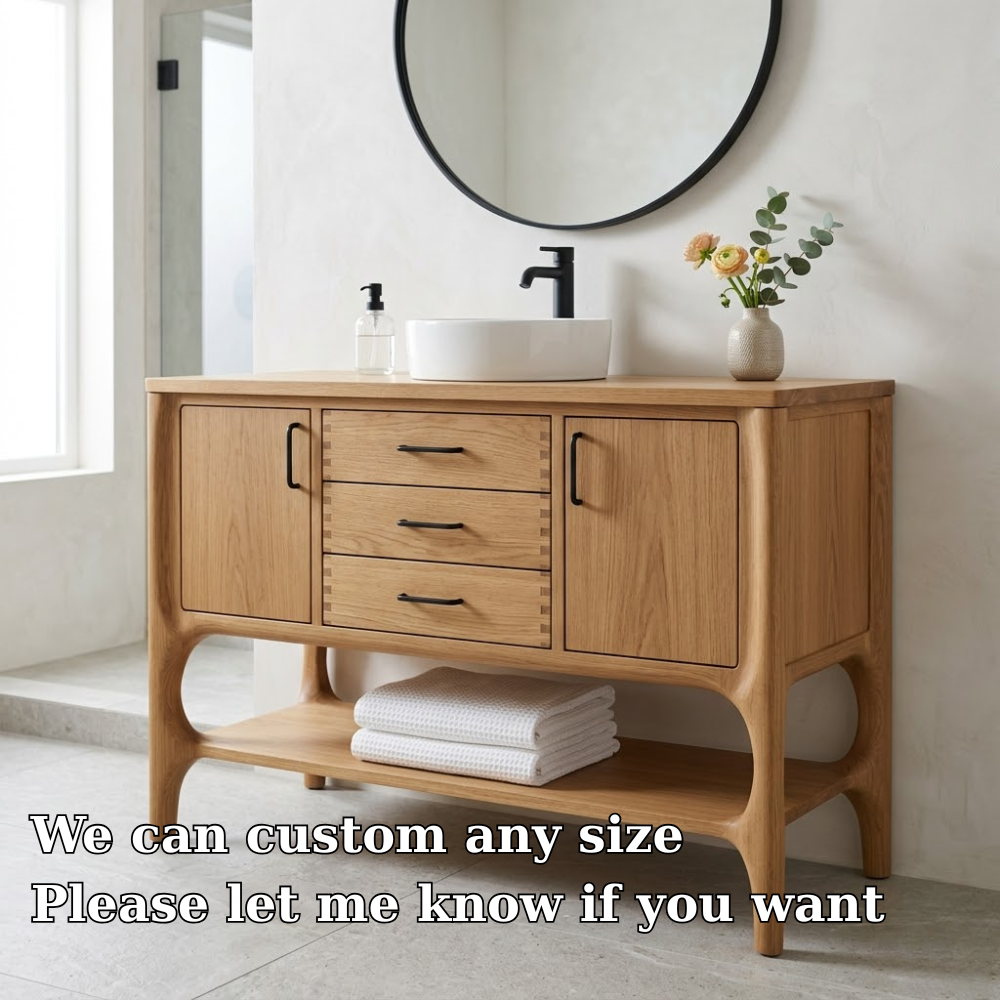Solid Wood Bathroom Vanity with Drawers & Open Shelf β Modern Natural Base
