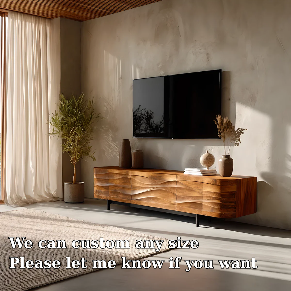 Solid Wood TV Stand Modern Walnut Media Console with Wave Front Design