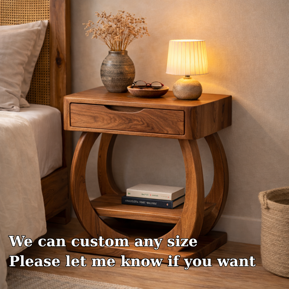 Solid Wood Nightstand with Drawer and Shelf – Modern Sculptural Bedside Table