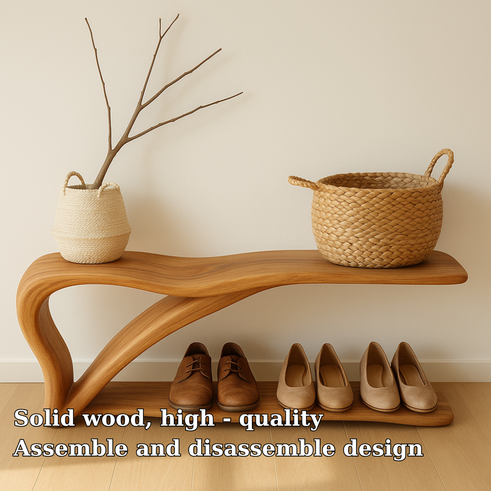 Sculptural Wooden Shoe Storage Bench – Solid Wood Entryway Bench with Shelf