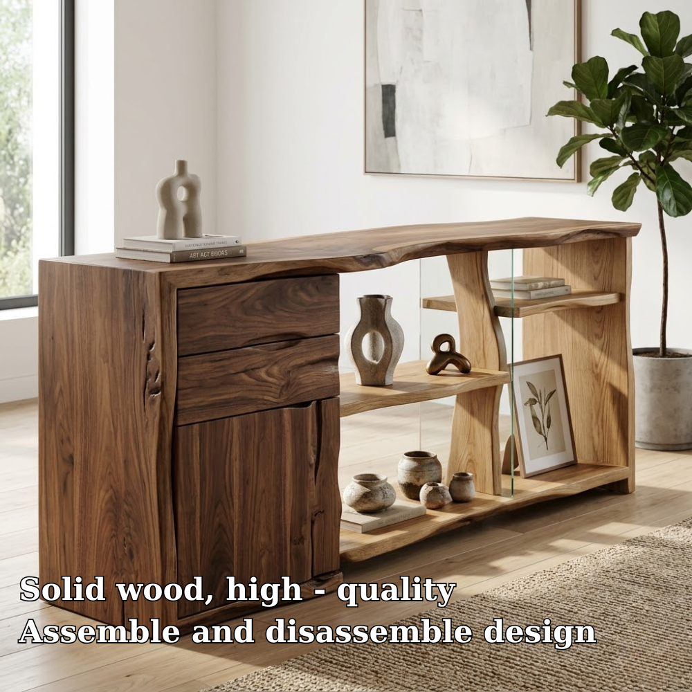 Live Edge Solid Wood Console Cabinet - Modern Rustic Sideboard with Glass Shelving
