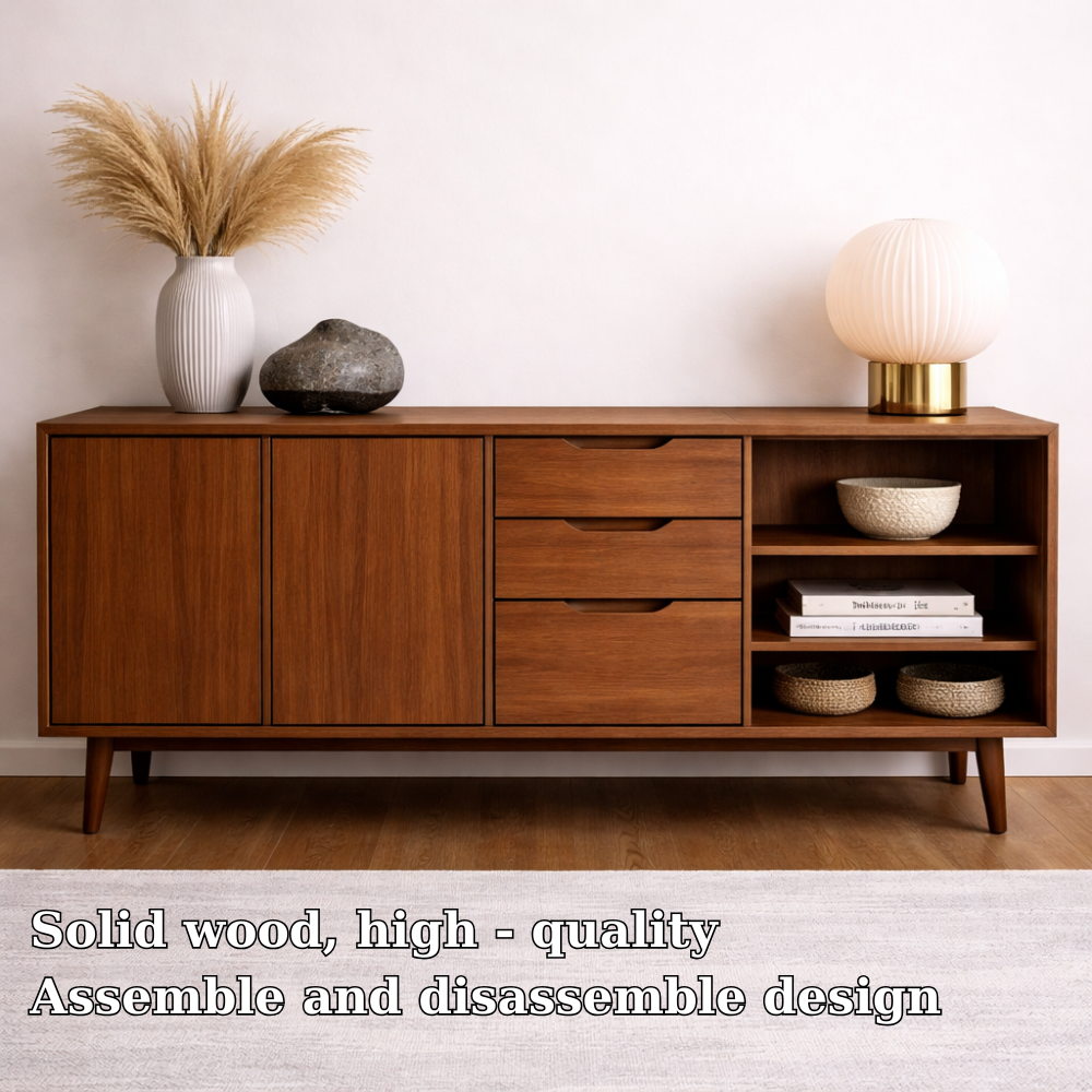 Mid-Century Solid Wood Console Cabinet with Drawers, Doors and Open Shelf