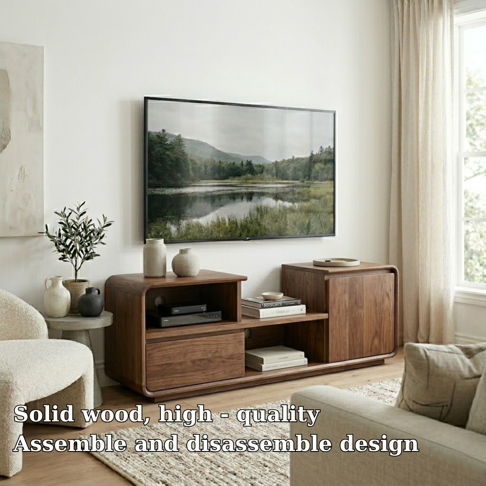 Solid Wood Media Console with Rounded Edges, Modern TV Stand with Storage Cabinet