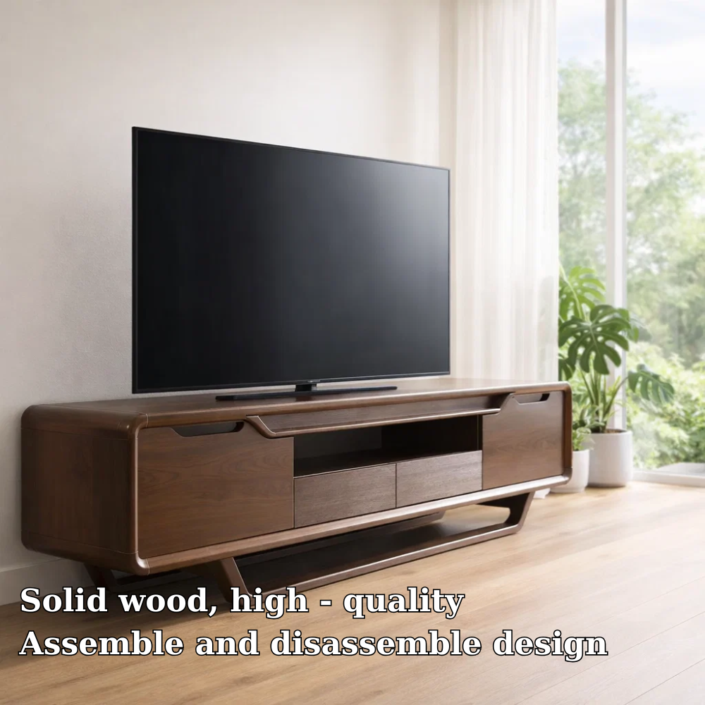 Modern Solid Wood TV Console with Curved Edges & Storage Cabinets