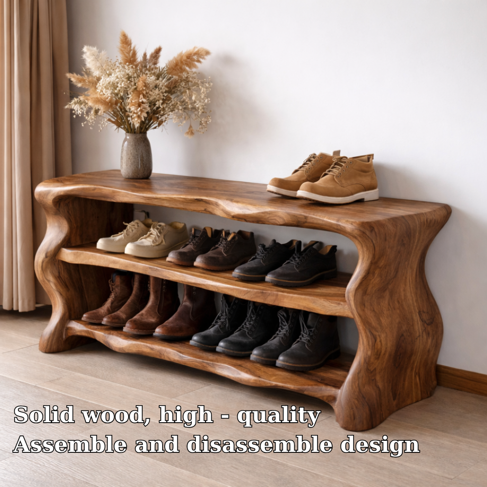 Solid Wood Entryway Bench with Shoe Storage – Rustic Live Edge Shoe Rack Bench