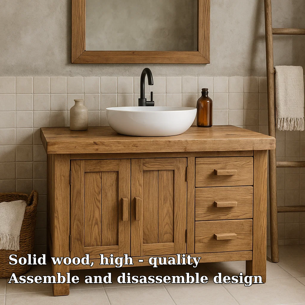 Solid Wood Bathroom Vanity Oak Farmhouse Single Sink with Cabinet and Drawers