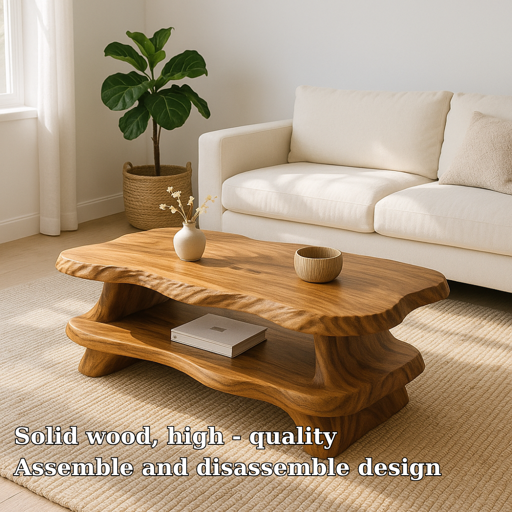 Modern Solid Wood Coffee Table with Organic Live Edge and Lower Shelf