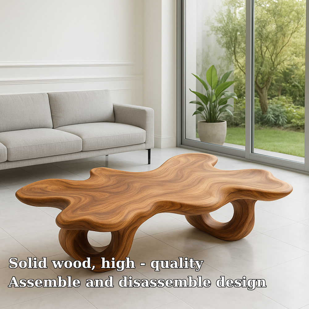 Modern Solid Wood Coffee Table with Unique Organic Shape for Contemporary Living Room