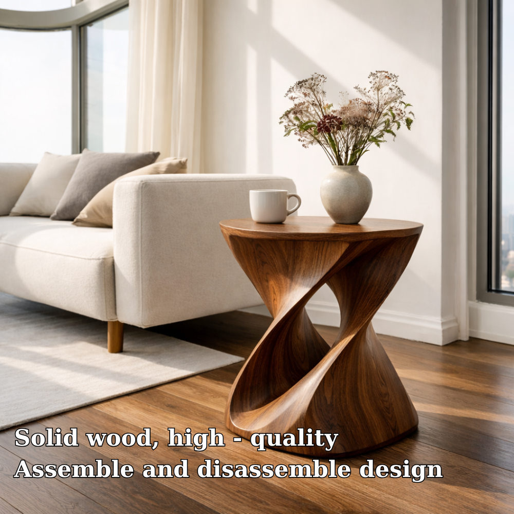 Modern Sculptural Solid Wood End Table – Artistic Curved Side Table for Living Room