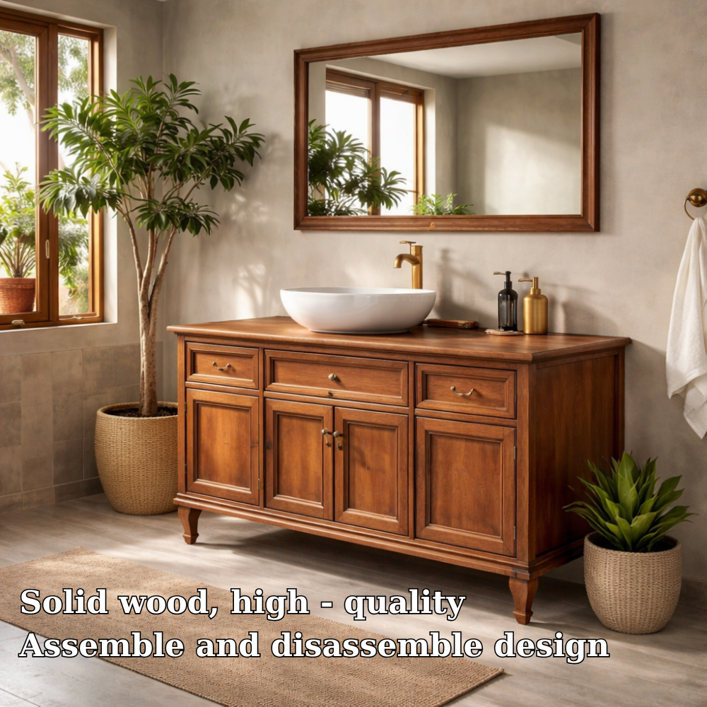 Solid Wood Bathroom Vanity Cabinet with Drawers and Doors Classic Style Storage
