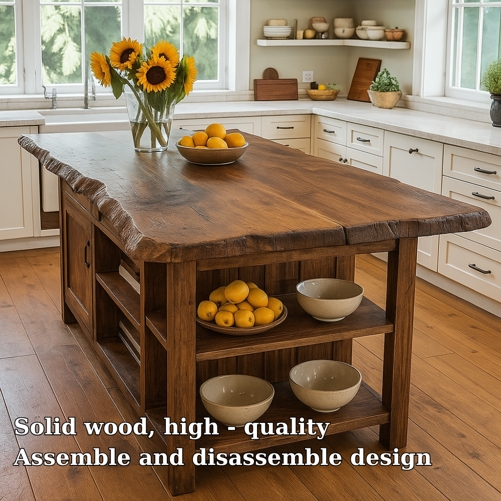 Live Edge Solid Wood Kitchen Island with Storage Shelves – Rustic Farmhouse