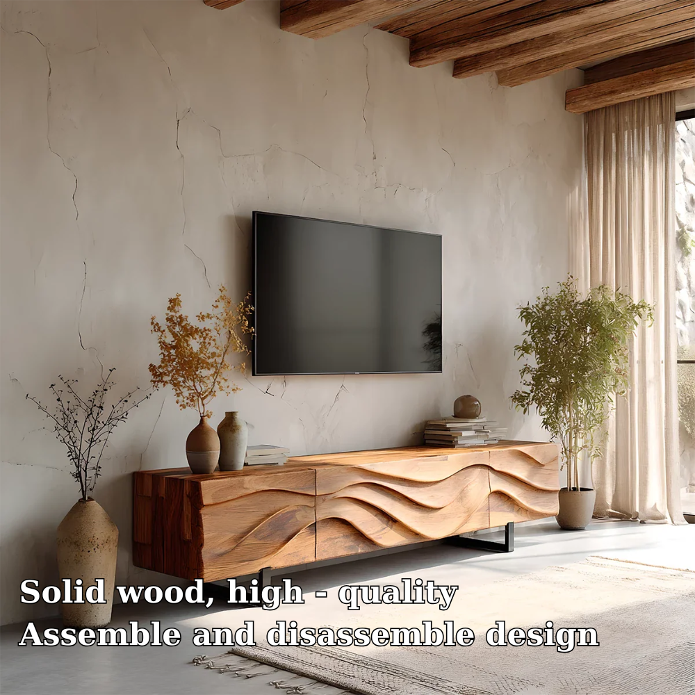 Solid Wood TV Stand Modern Floating Media Console with Sculpted Wave Front