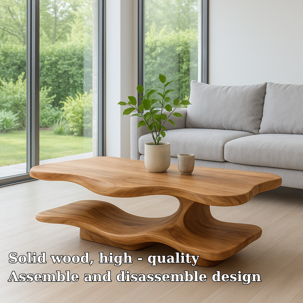 Solid Wood Coffee Table with Sculptural Curved Base and Organic Shape for Living Room